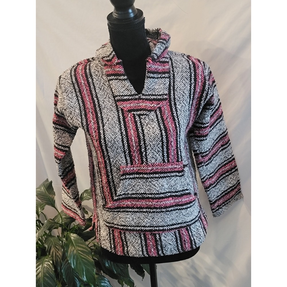Baja Joe Pink Black White Striped Mexican Jerga Hoodie Pullover Small